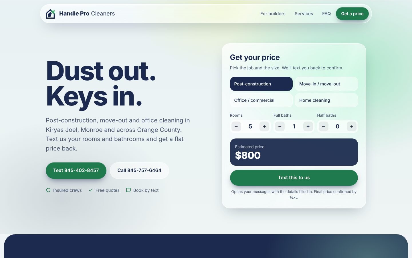 Handle Pro Cleaners homepage with the instant quote calculator